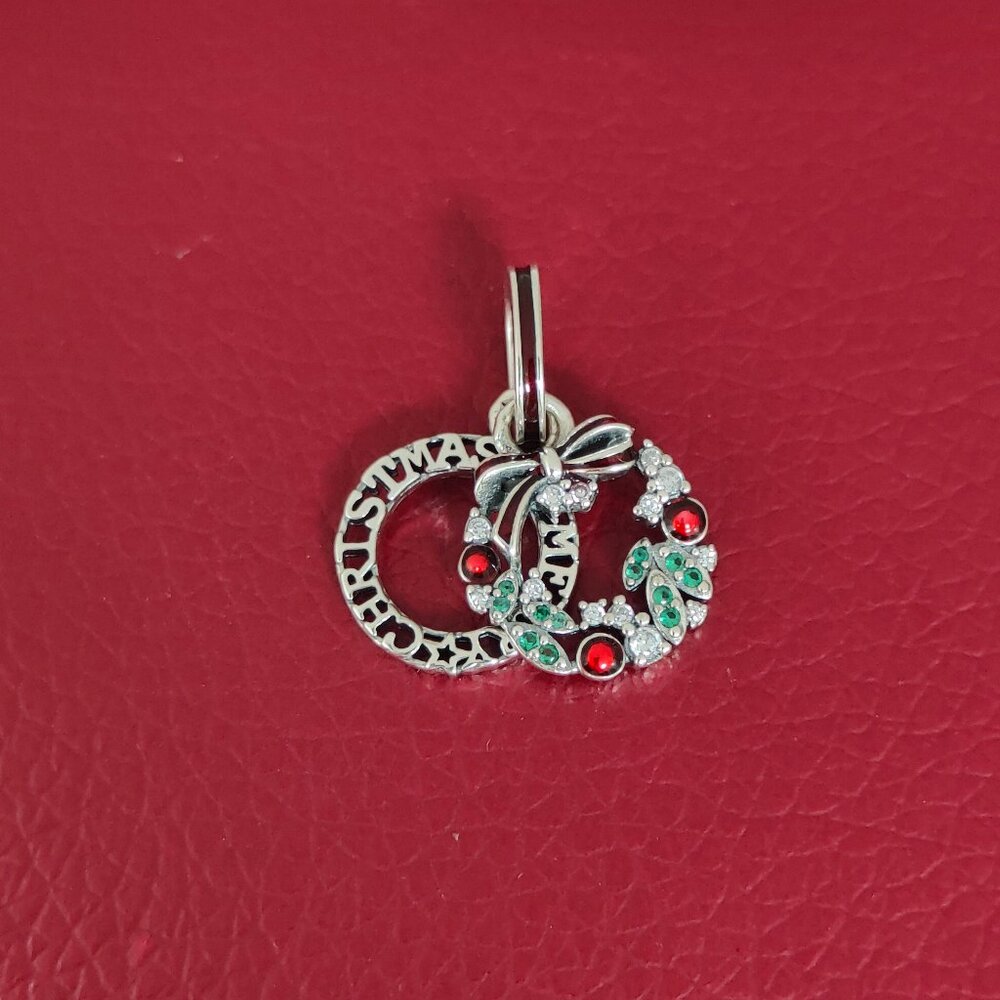Holiday Wreath Double Dangle Charm Sterling Silver